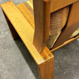 Vintage large elm wood lounge chair with original fabric, 1970s France