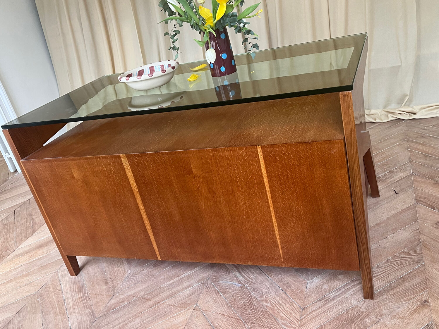 Mid-century Gio Ponti desk / Italian desk with a wooden and glass top