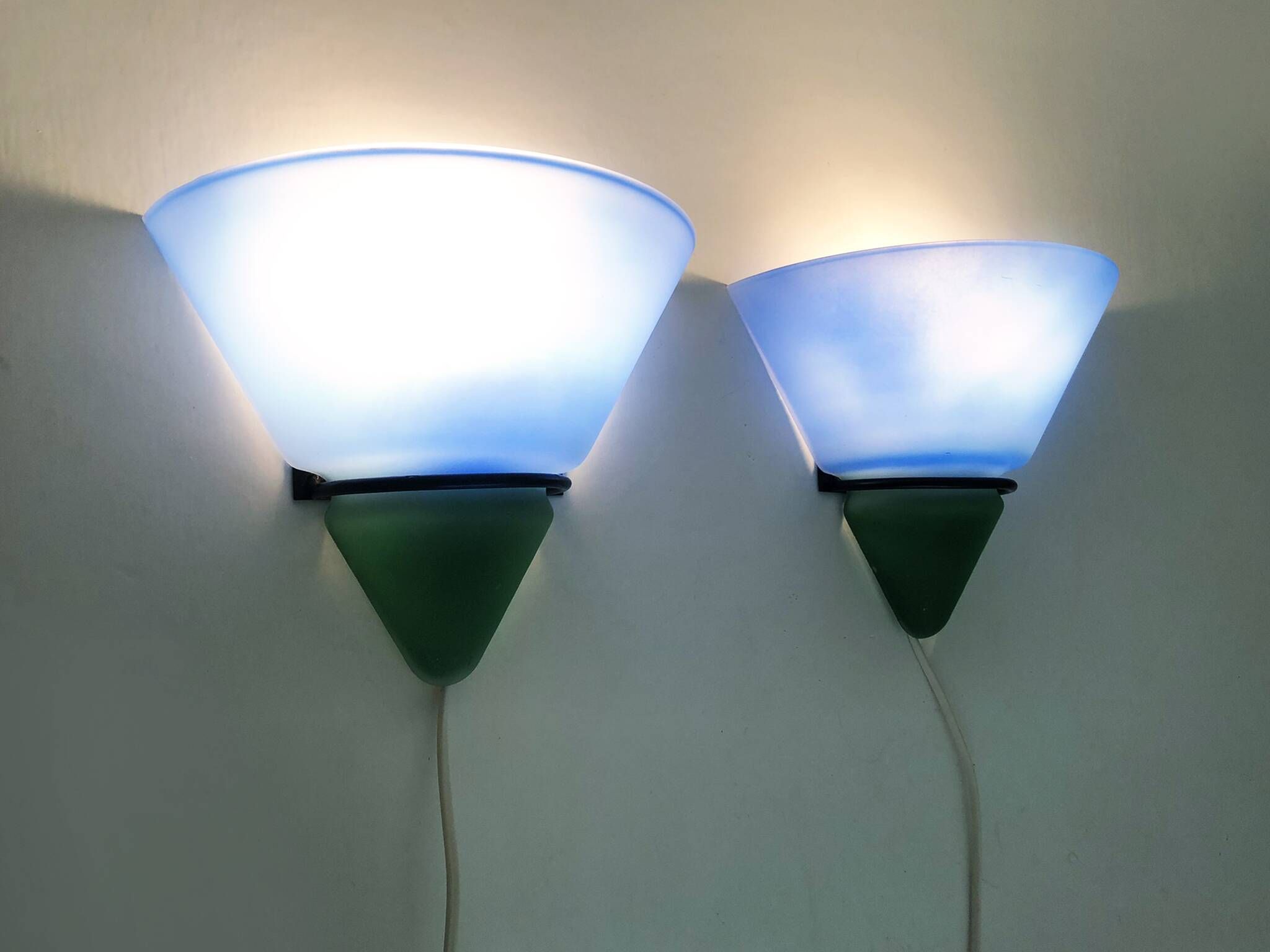 Pair of vintage Vandeheg Lotus blue and green wall sconces. 1980s