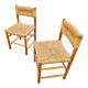 2 x pine wood woven reed dining chairs / France 1950s