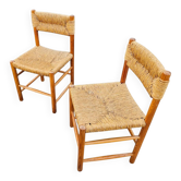 2 x pine wood woven reed dining chairs / France 1950s