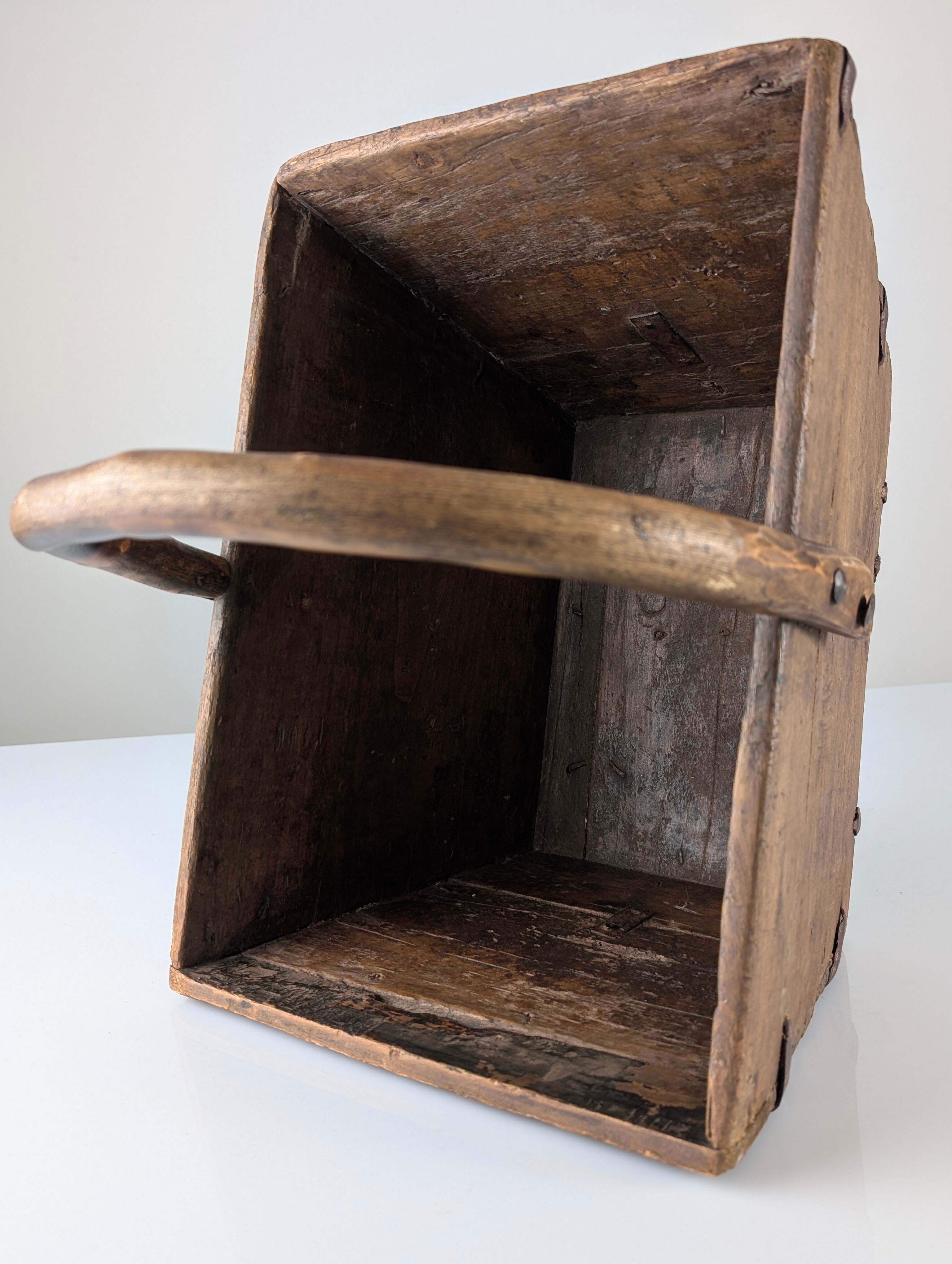 Antique wooden log basket with wrought iron fittings, Wabi-Sabi, 19th century