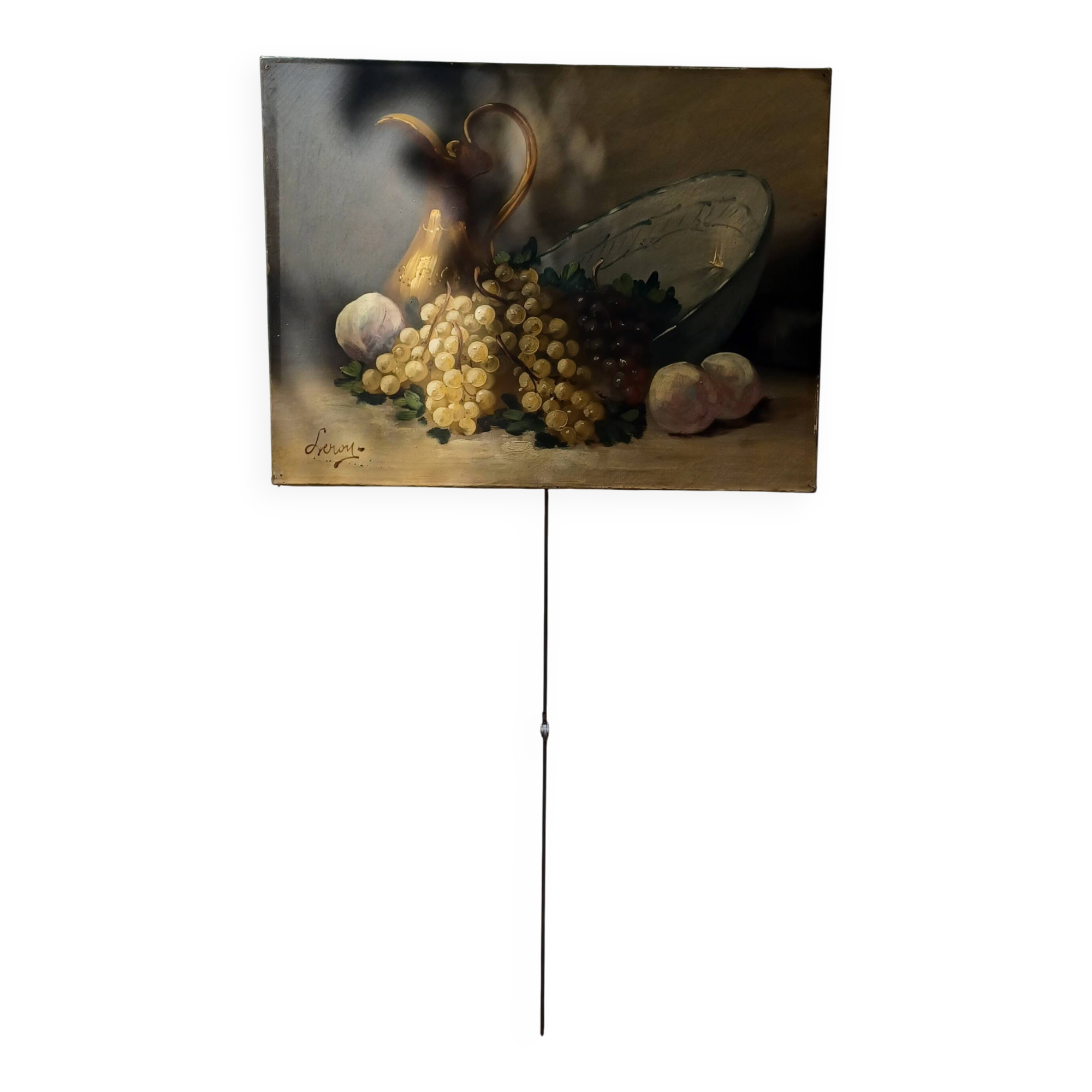 Tableau fin 19eme signe leroy . nature morte a l'aiguiere