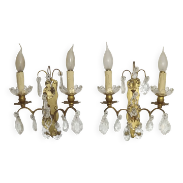Pair of French Double Brass & Glass Wall Lights Adorned With Crystals