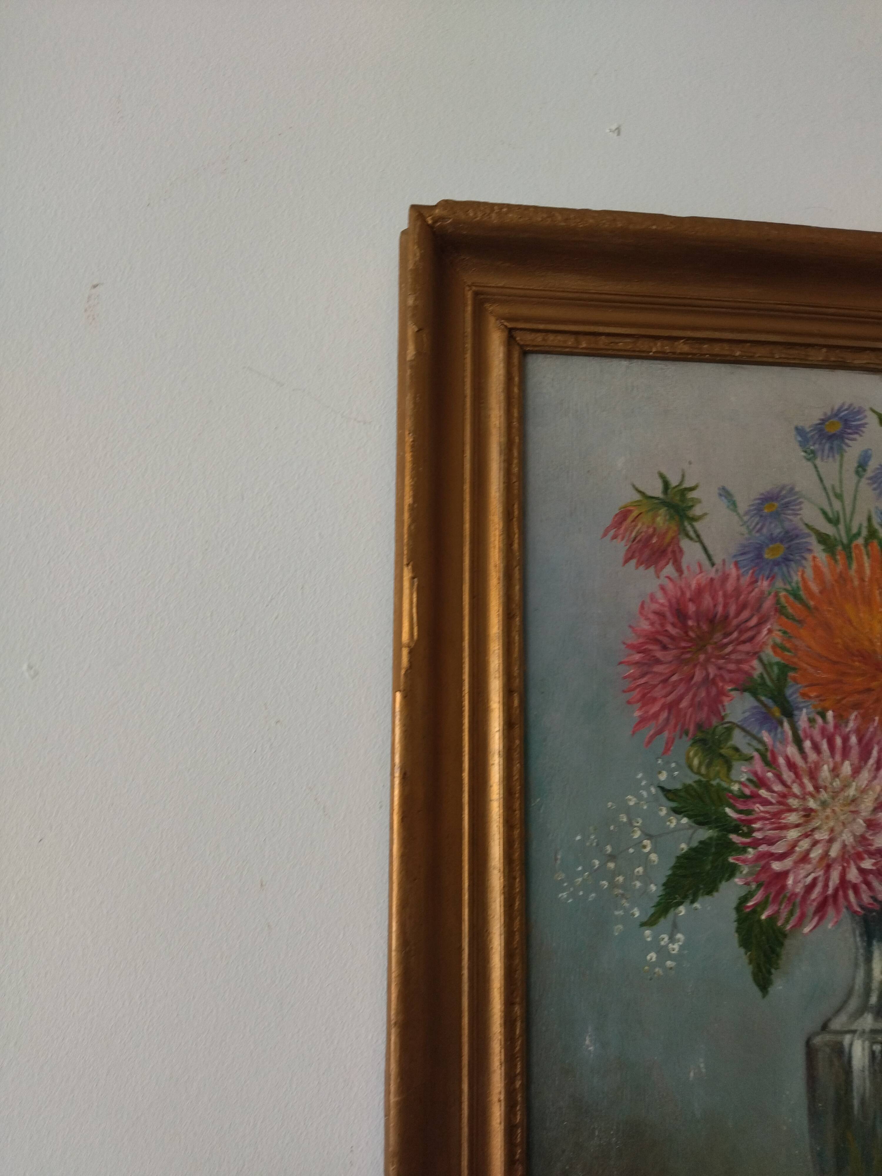 Old panel painting - Kitten and Flowers - Signed Léon Chevalier