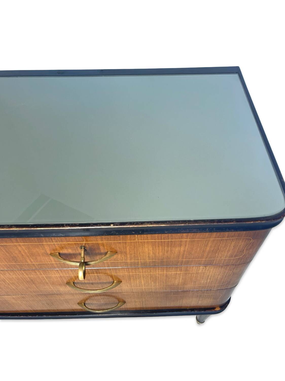 Commode en acajou plaqué avec plateau en verre vert, années 1950