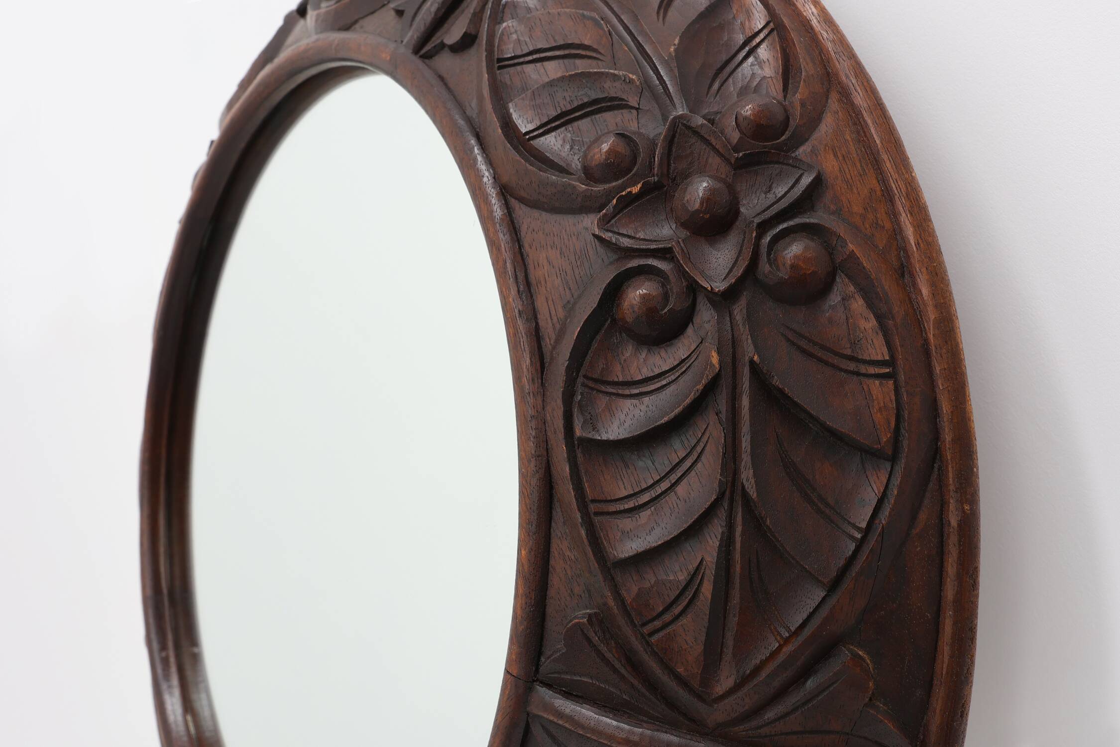 Large oak rustic wall mirror with floral carvings, France 1900s