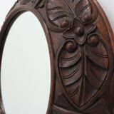 Grand miroir mural rustique en chêne avec sculptures florales, France années 1900