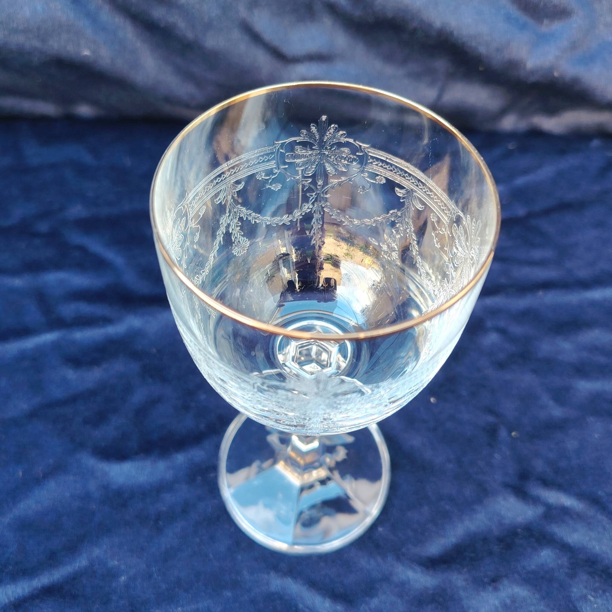 Six vintage wine glasses, cut crystal, gold rim