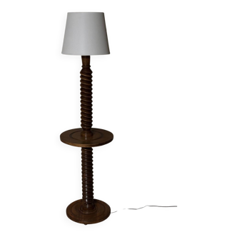 Neo-rustic floor lamp in turned wood in the style of Charles Dudouyt