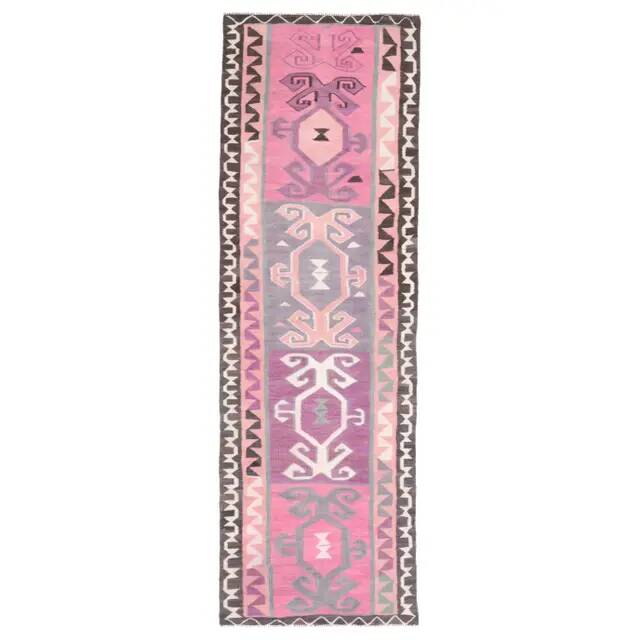 1970s Vintage Turkish Hand-Knotted Wool Cotton Pink Runner Rug 98x303