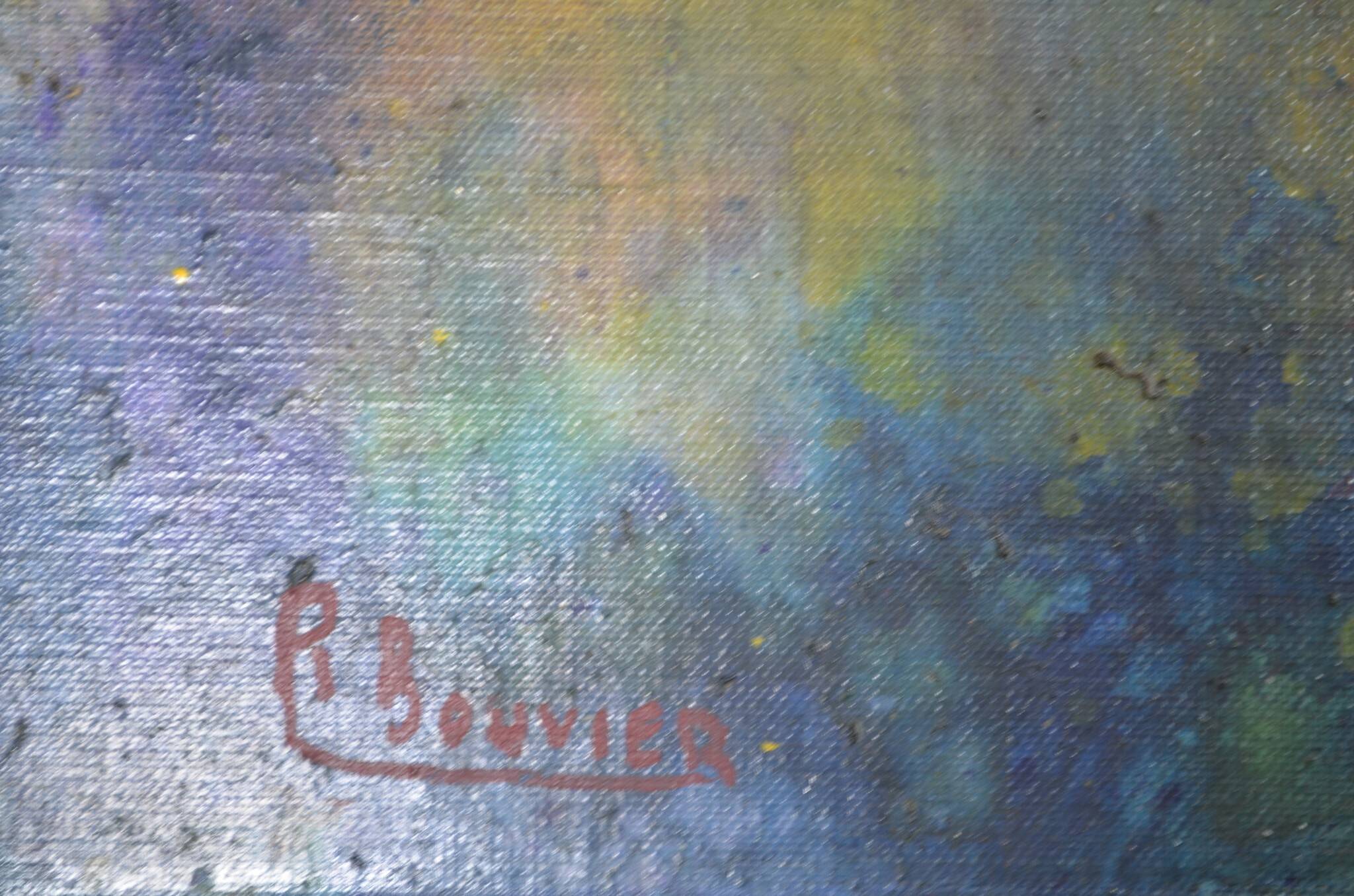 R. Bouvier (20th century) Surrealist composition Signed mounted canvas