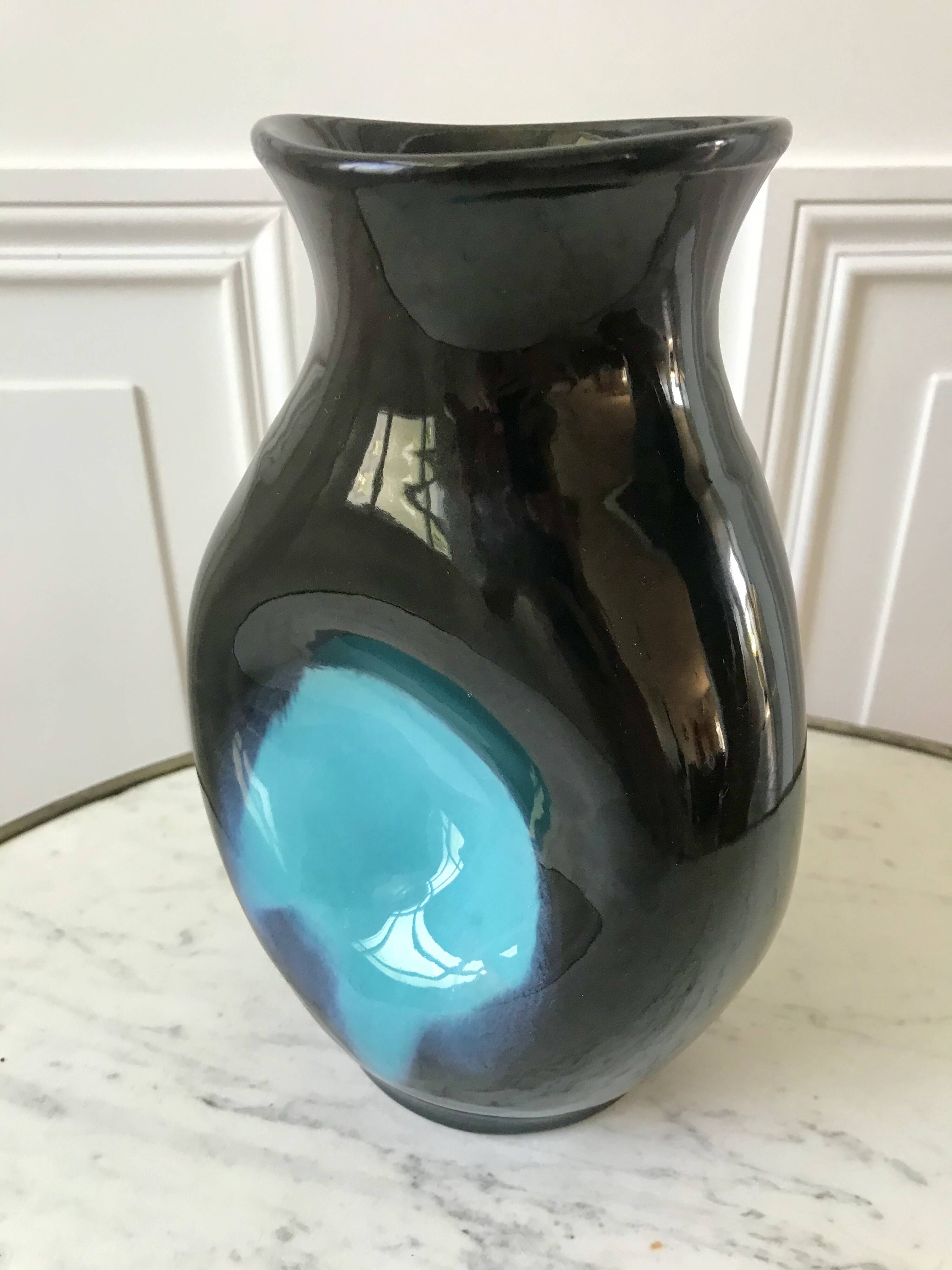 free-form design vase in black and blue ceramic from the 70s