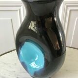 free-form design vase in black and blue ceramic from the 70s