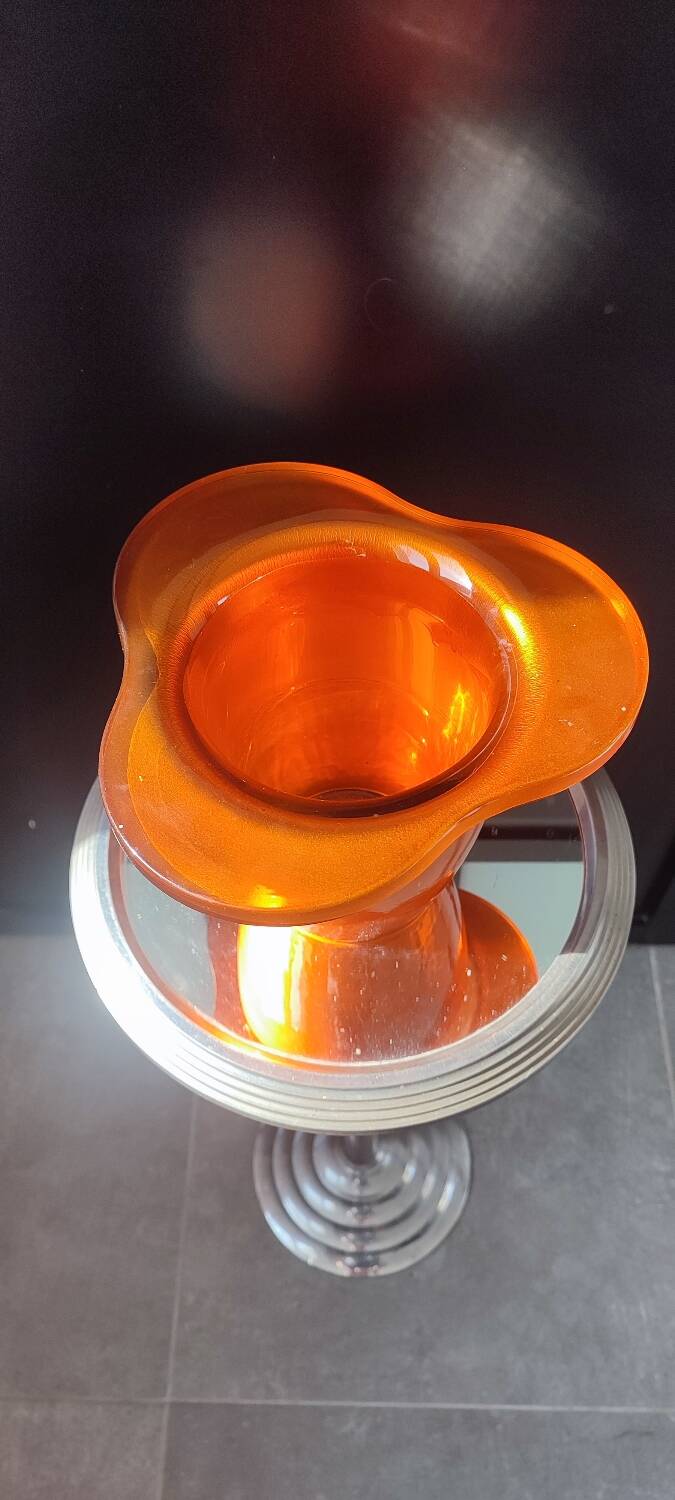 Vintage iridescent orange glass vase, 70s design