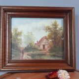 Old oil painting on canvas, country house, dark solid wood frame, mid-century