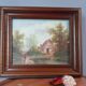 Old oil painting on canvas, country house, dark solid wood frame, mid-century