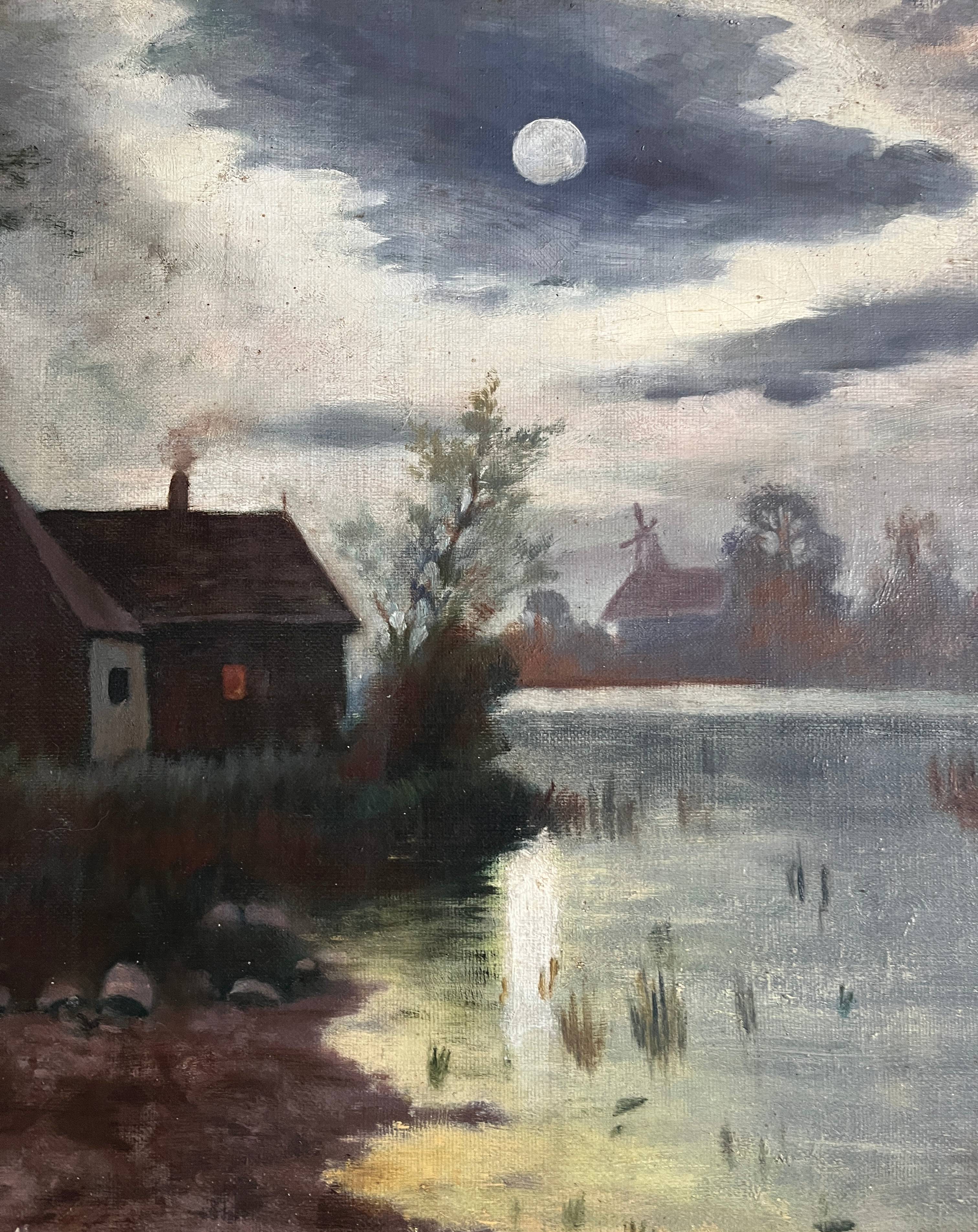 Pendant of HST painting "Landscape in the moonlight" signed + frame circa 1920