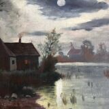 Pendant of HST painting "Landscape in the moonlight" signed + frame circa 1920