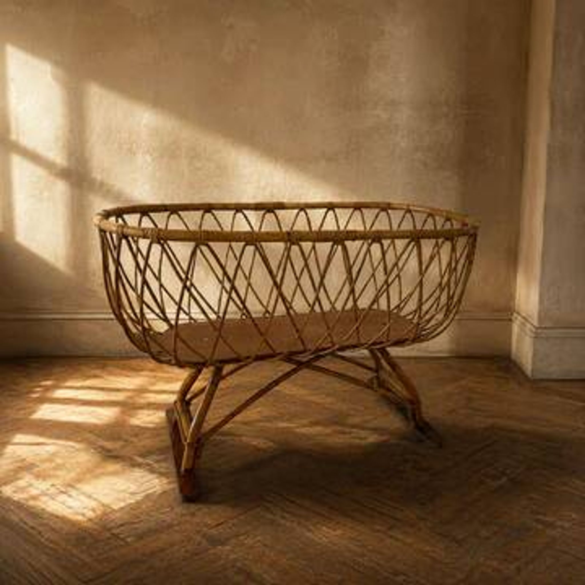 Vintage rattan and wicker cradle on legs, 1970s, Europe
