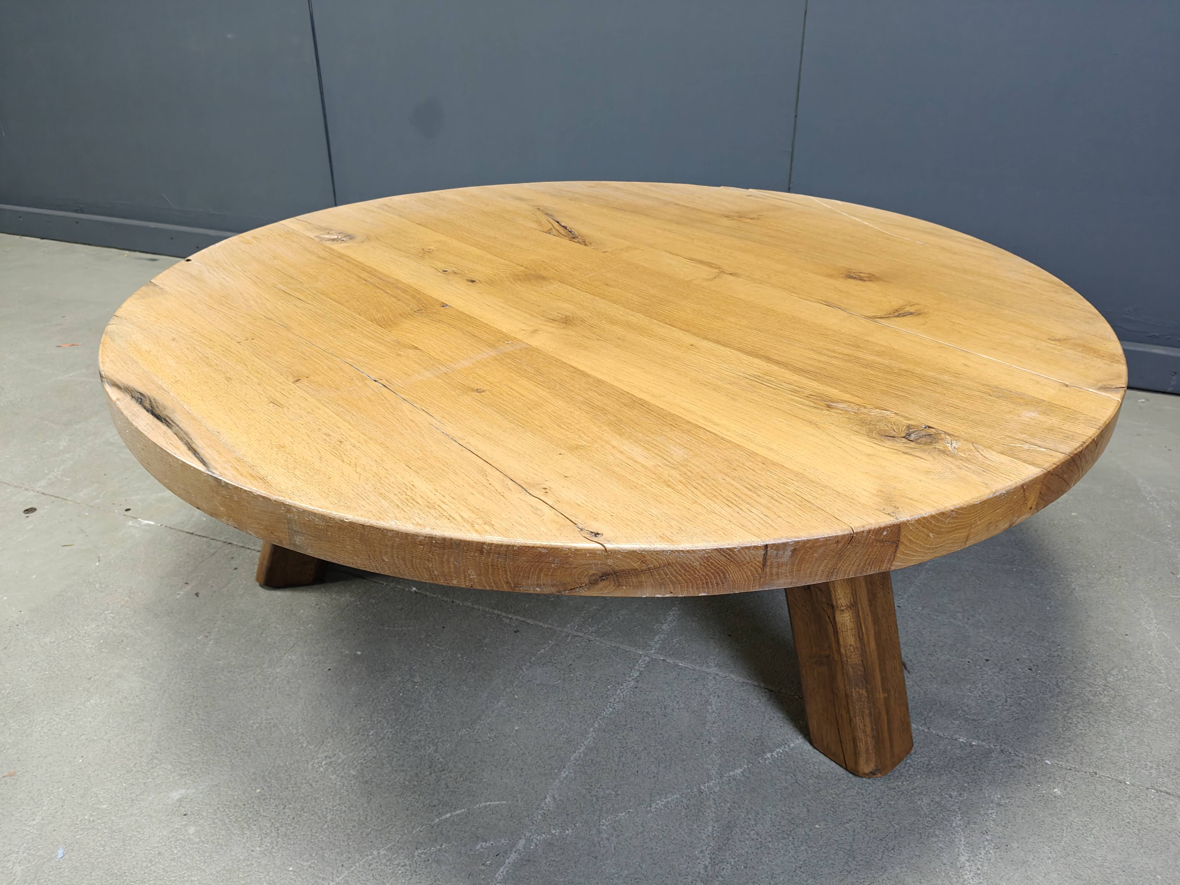 Large tripod round wooden brutalist coffee table, 1960s