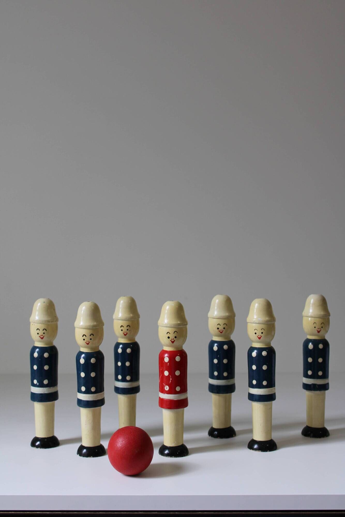 Vintage 1970s wooden soldier bowling set or bowling alley