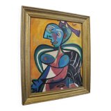 Portrait moderne du milieu du siècle, composition Bauhaus, peinture à l'huile, années 1960, encadrée