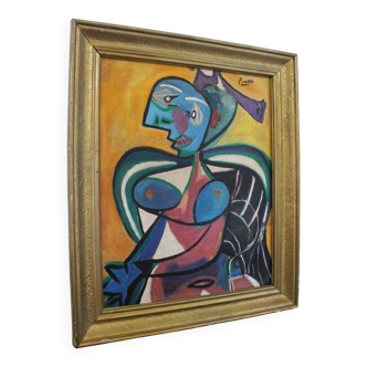 Portrait moderne du milieu du siècle, composition Bauhaus, peinture à l'huile, années 1960, encadrée