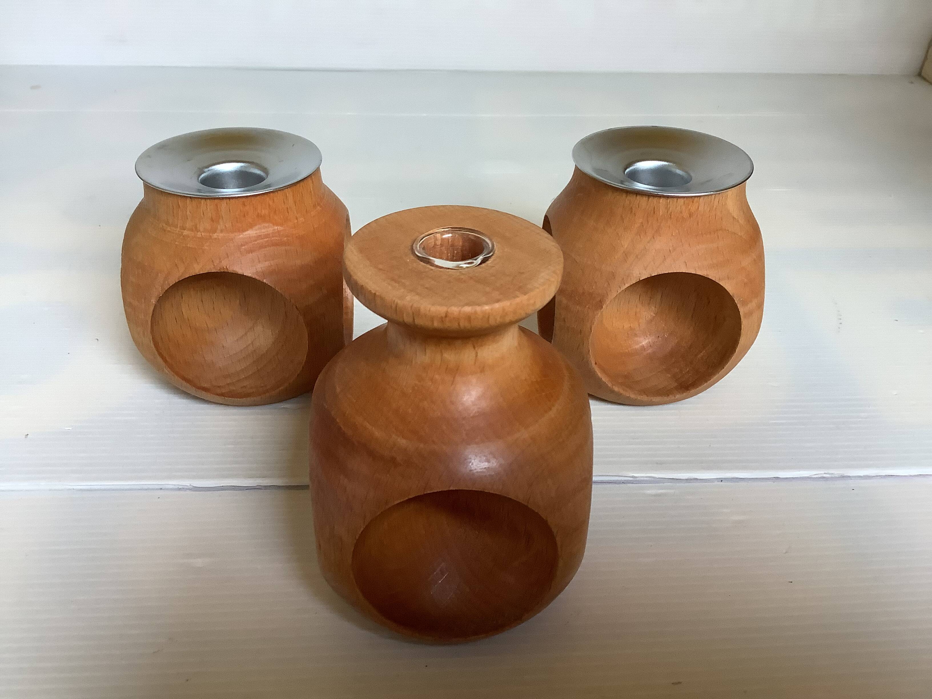 6 candle holders and a wooden vase Nopjes woodturning handmade