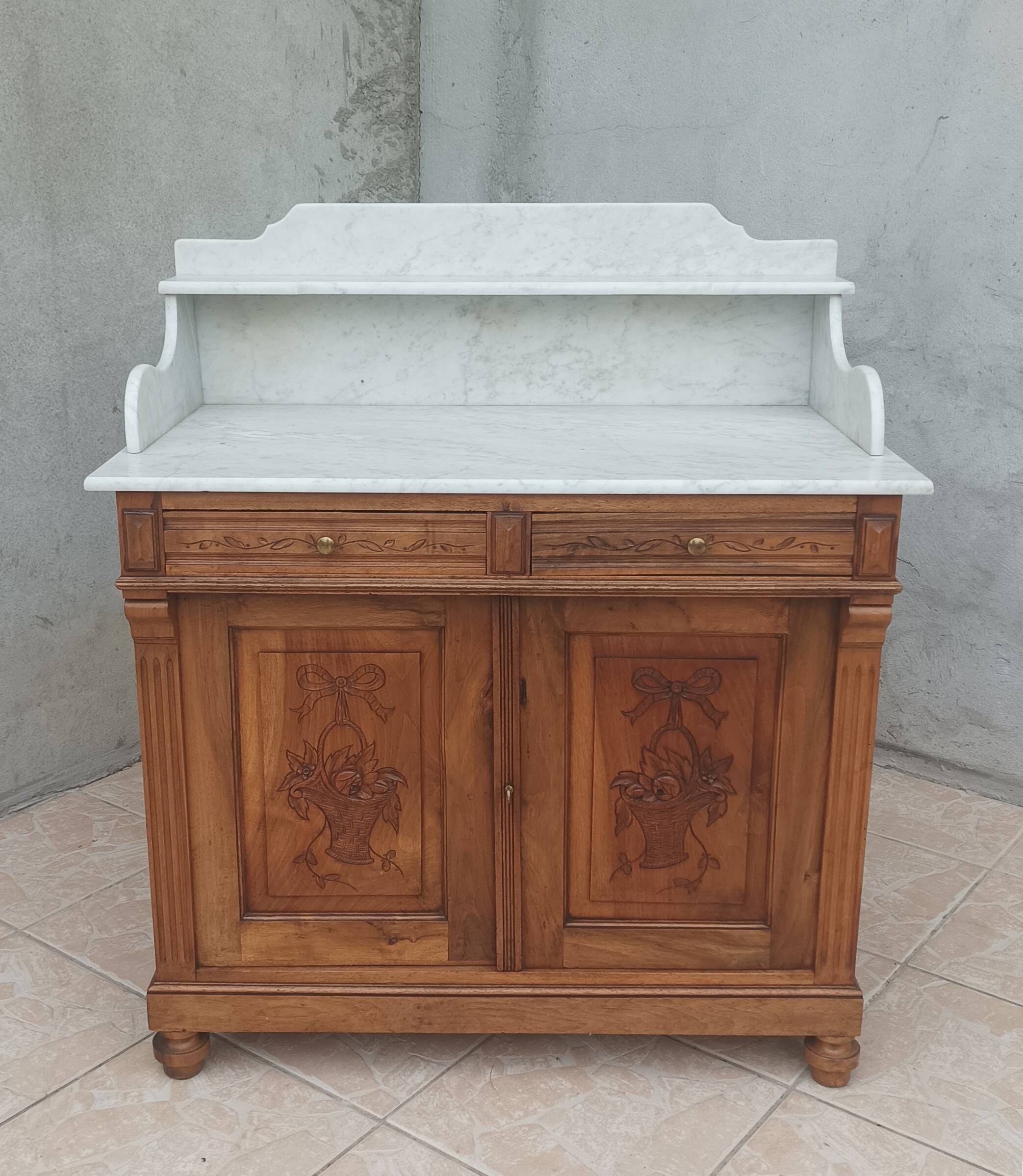 Antique walnut and white marble bathroom cabinet