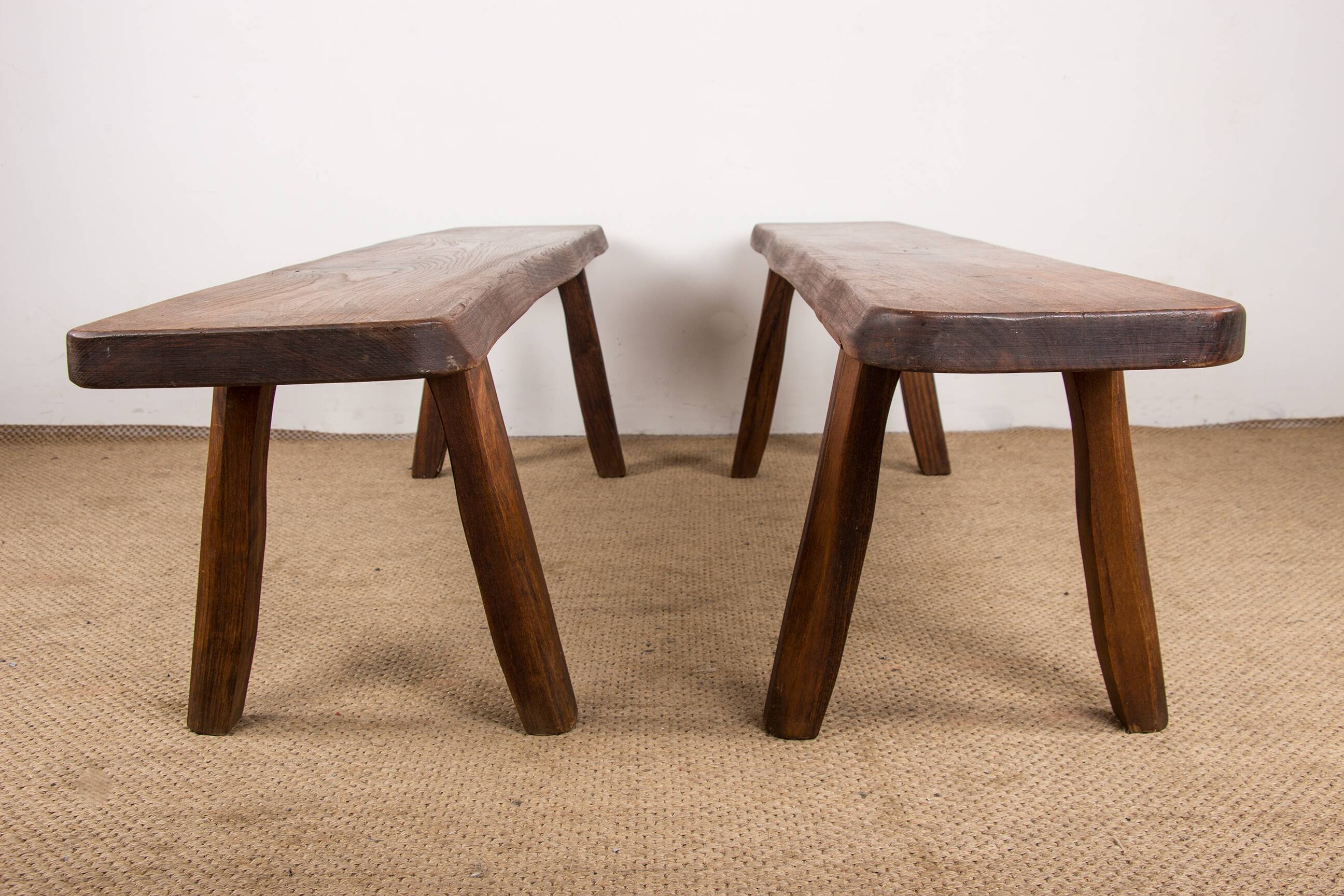 Pair of Scandinavian benches in Solid Elm by Olavi Hanninen 1960.