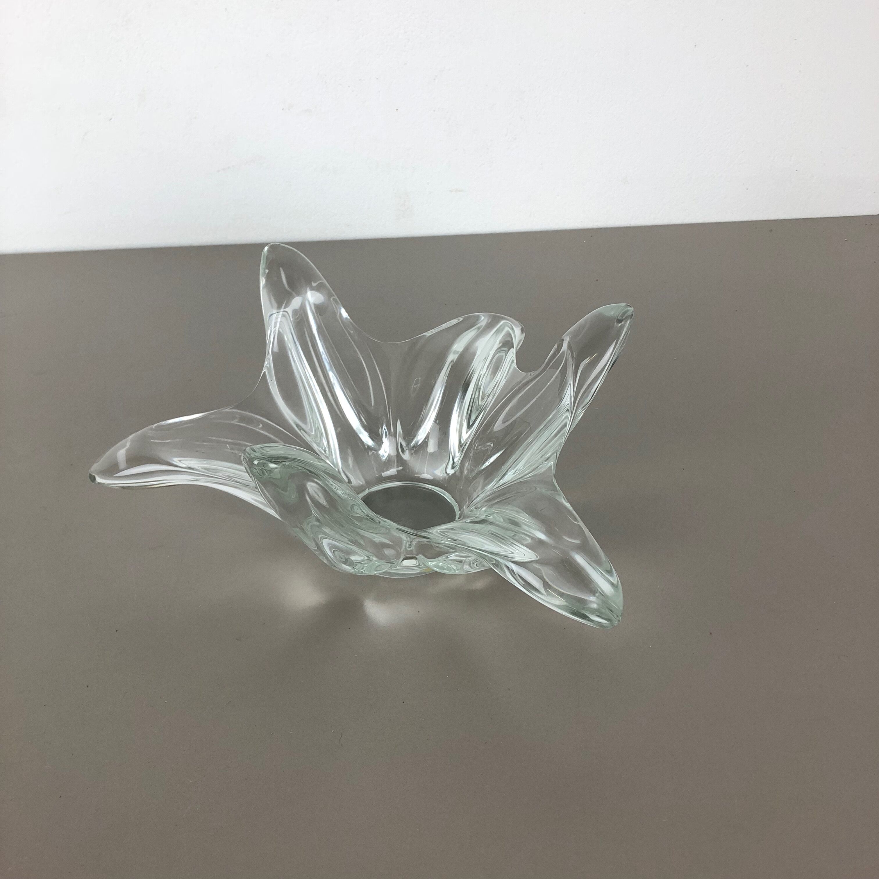 Large French Floral Crystal Glass Shell Bowl by Art Vannes, France, 1970s