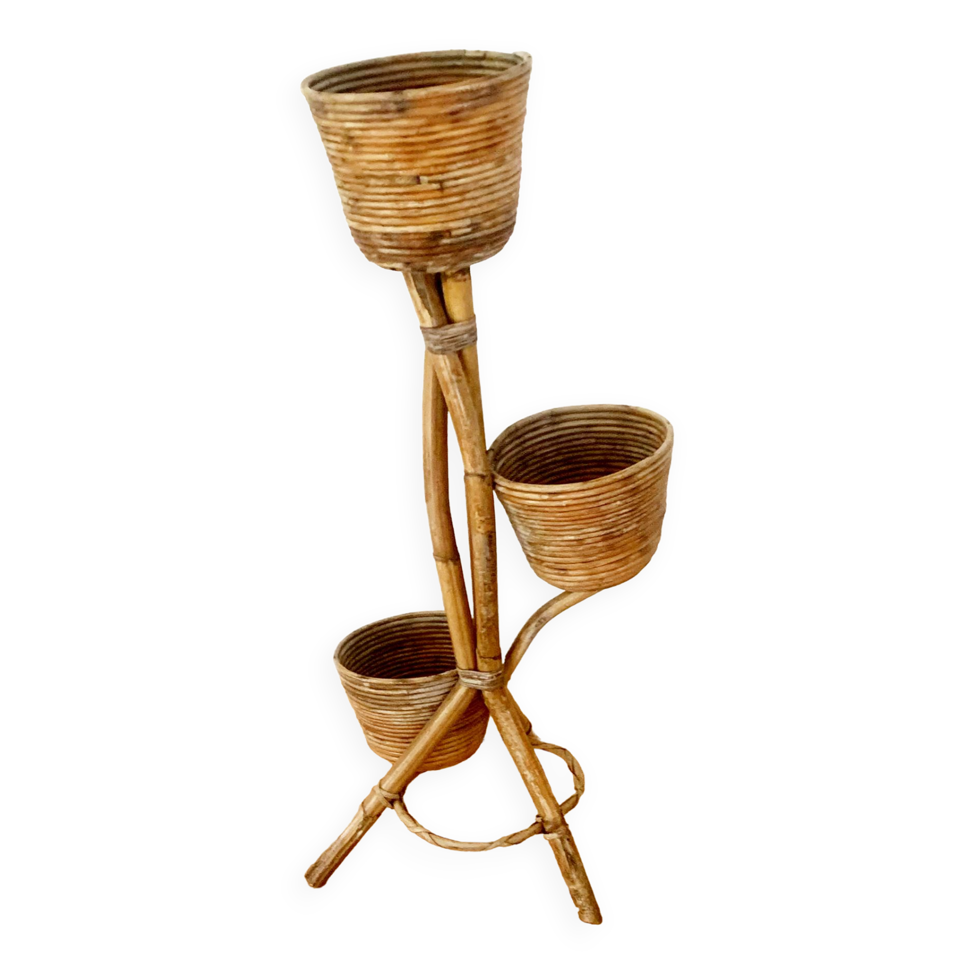 Triple vintage rattan plant holder