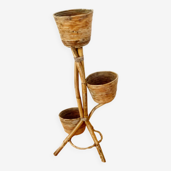 Triple vintage rattan plant holder