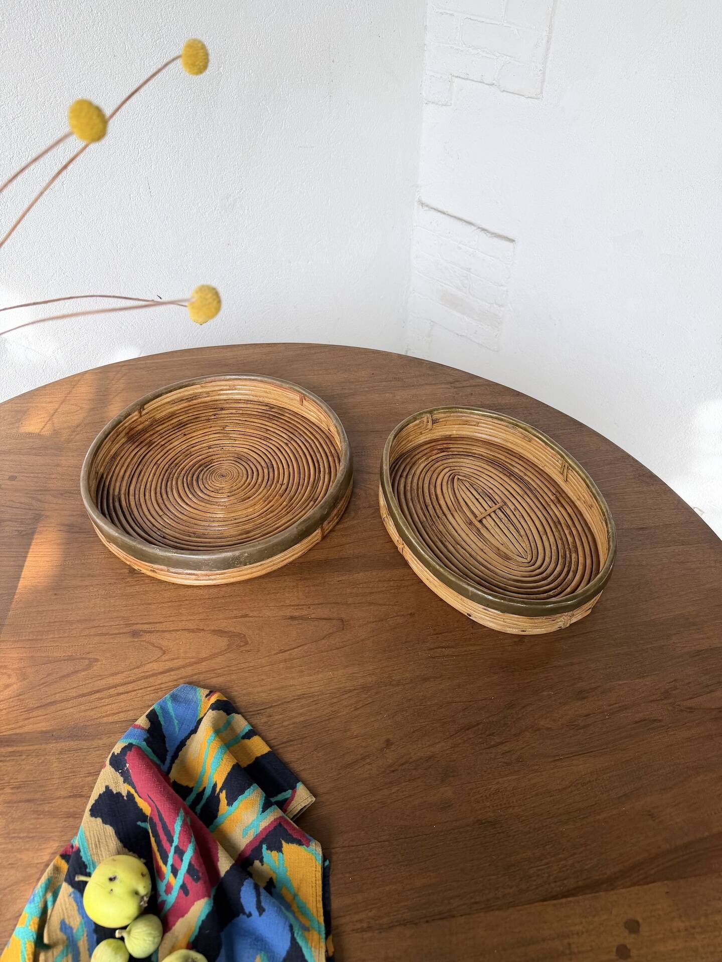 Round rattan and brass trays 1970 by Gabriella Crespi