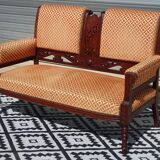 Vintage bench in wood and orange/ivory velvet.