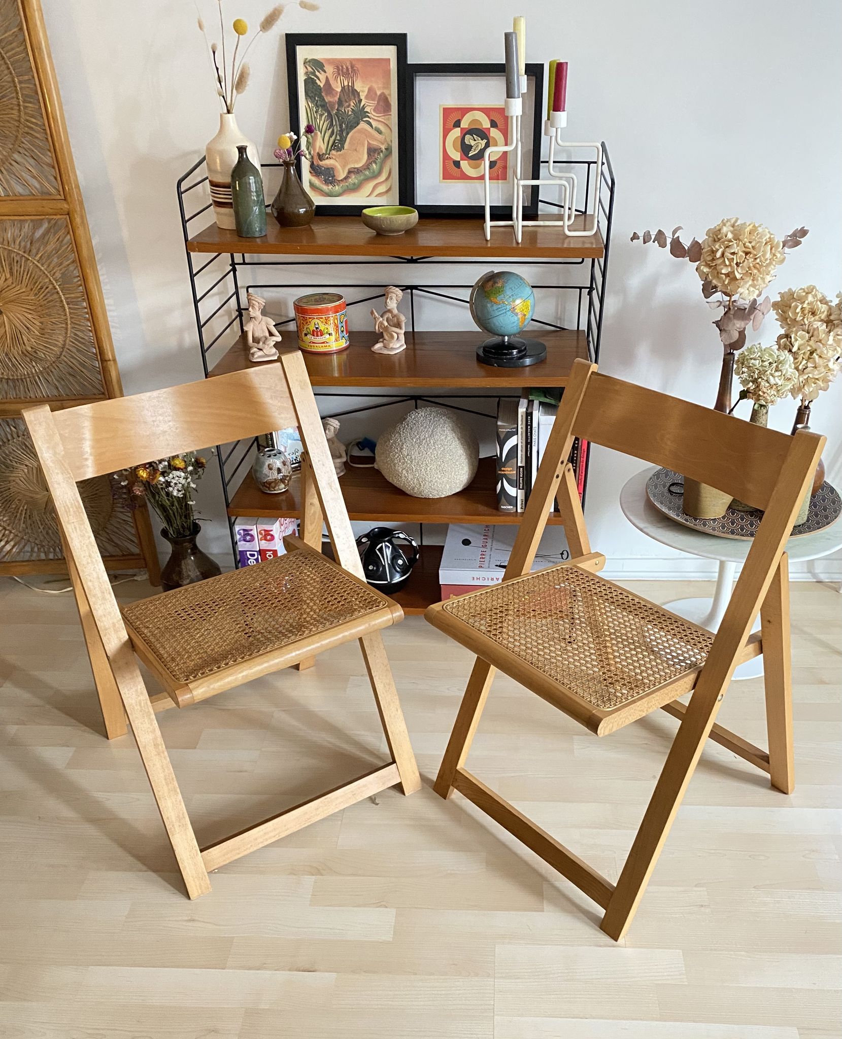 Duo of Italian chairs wood and cannage of the 60s
