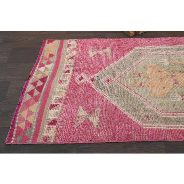 Vintage Turkish Oushak handmade wool cotton pink runner rug 85x370