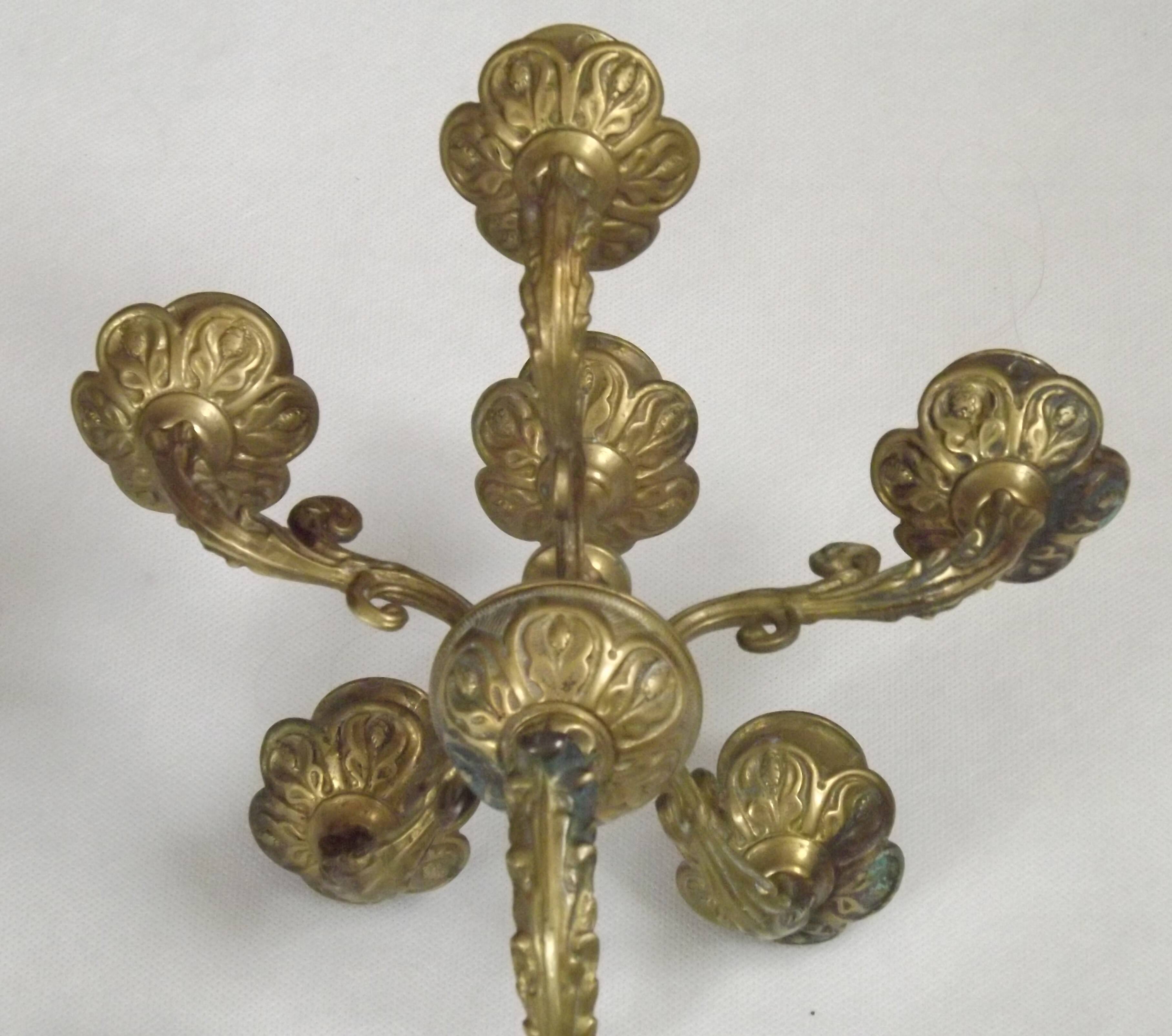 Pair Early 20th Century Rococo Revival Brass 5 Light Candle Wall Sconces