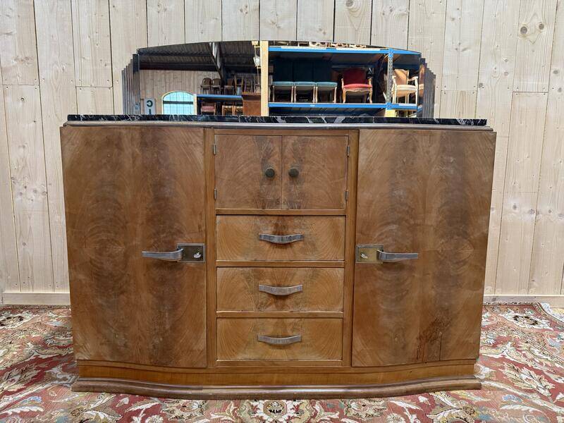 Buffet bas époque Art déco en bois et marbre avec miroir