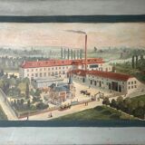 Tableau HST XIX° "Usine" Baccarat brasserie avec Serre, Pont Eiffel, Villa