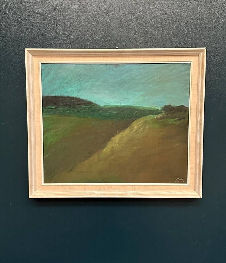 Huile sur toile originale suédoise – "Paysage" par Dina Mortensen – Signé DM – Vintage et encadré – 53 × 45,5 cm (20,9" × 17,9")