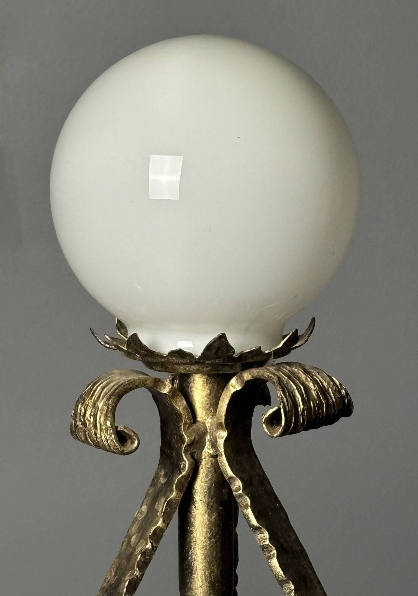 Midcentury brutalist wrought iron and opaline table lamp, Spain ca 1960s