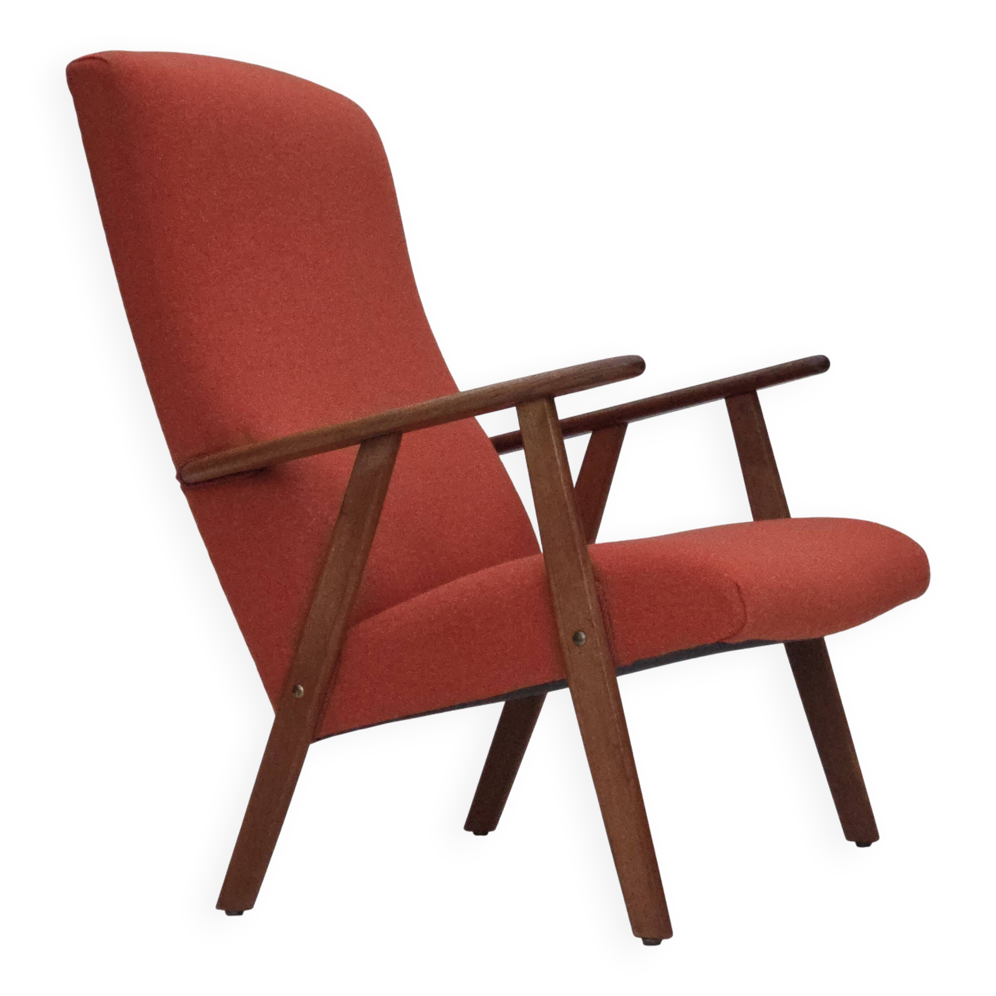 1970s, Danish highback armchair, furniture wool, teak wood, oak wood.