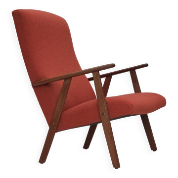 1970s, Danish highback armchair, furniture wool, teak wood, oak wood.
