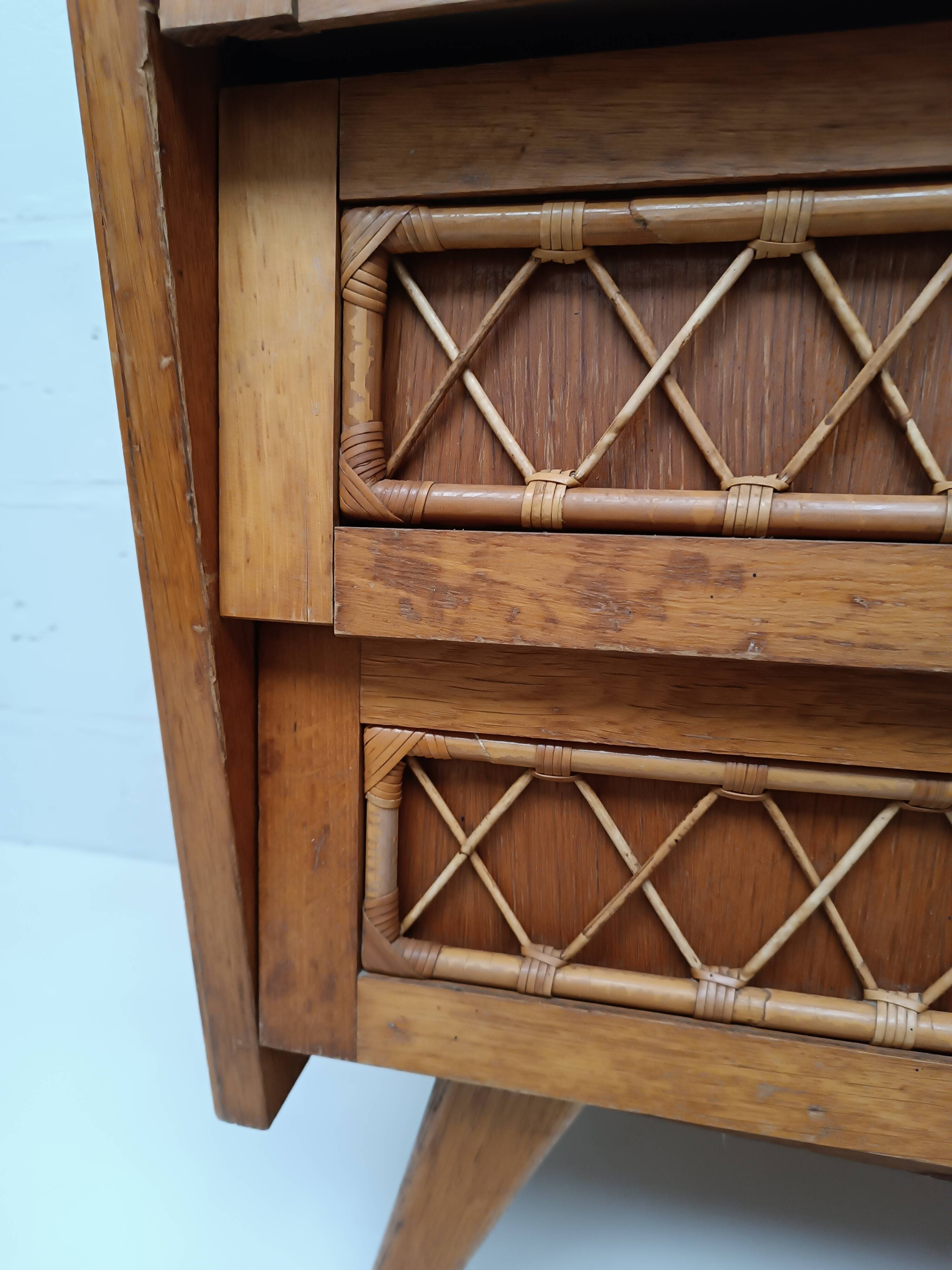 Vintage wood and rattan chest of drawers