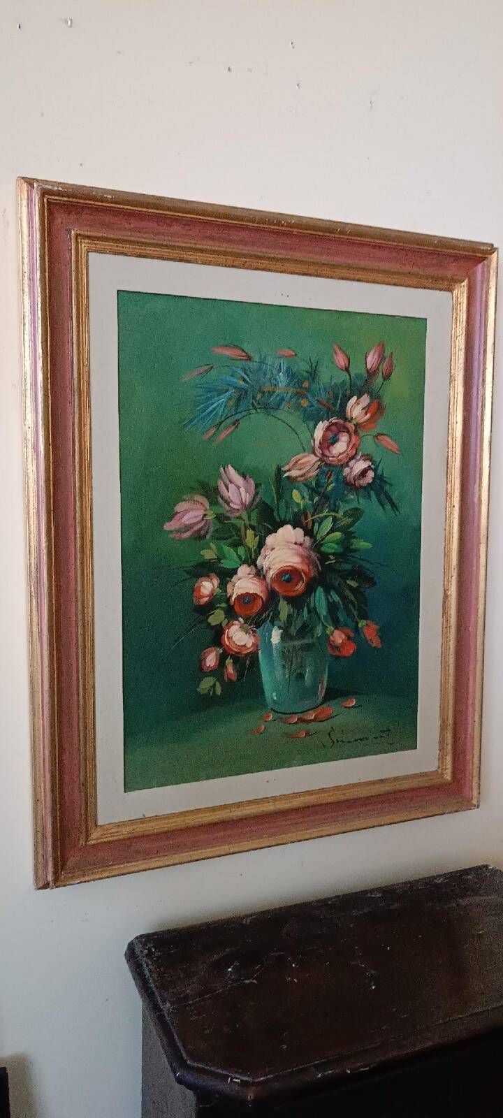 Large oil painting on canvas vase with flowers signed