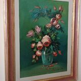 Large oil painting on canvas vase with flowers signed