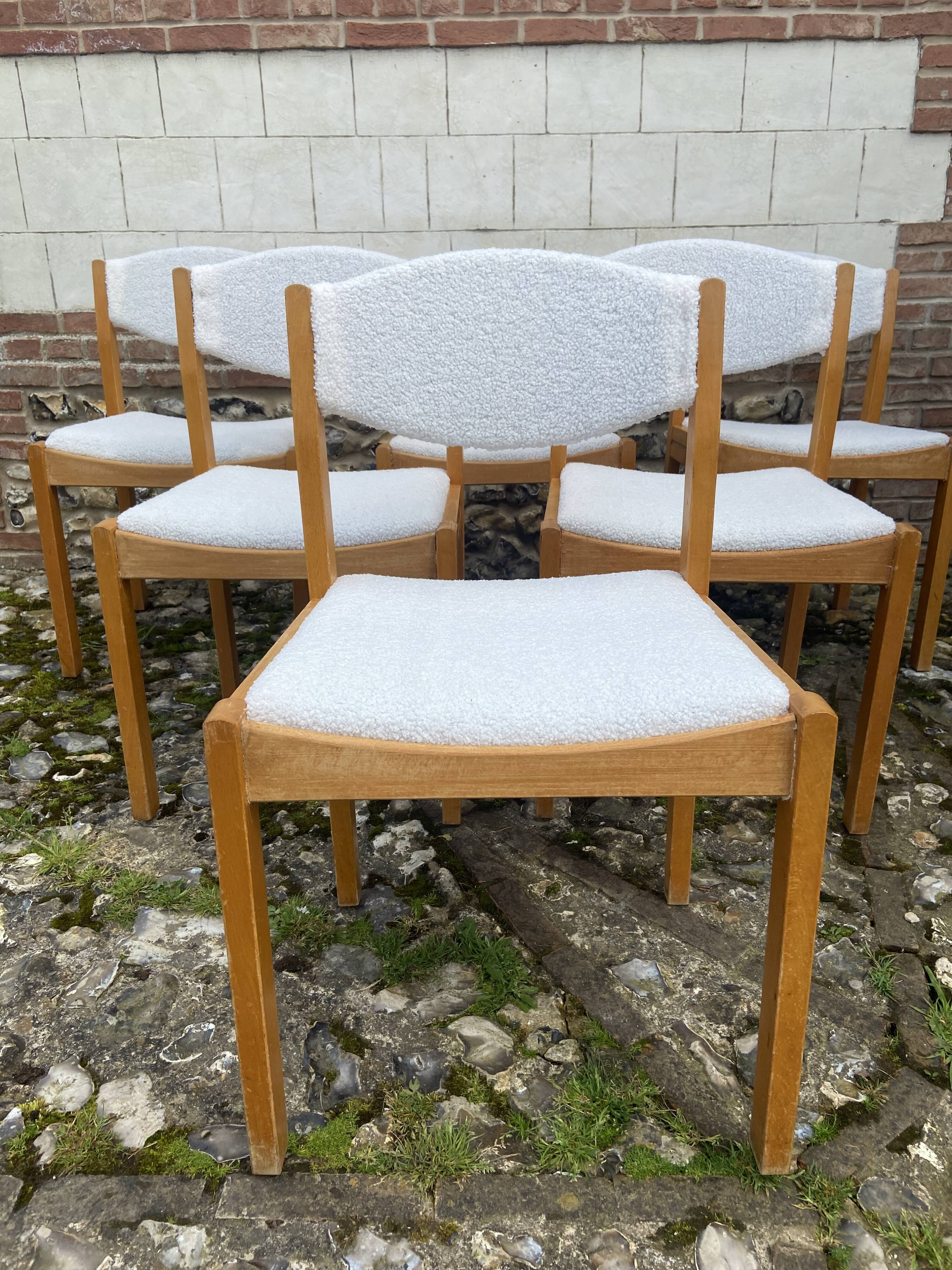 Six vintage 70s Baumann style chairs white buckle fabric