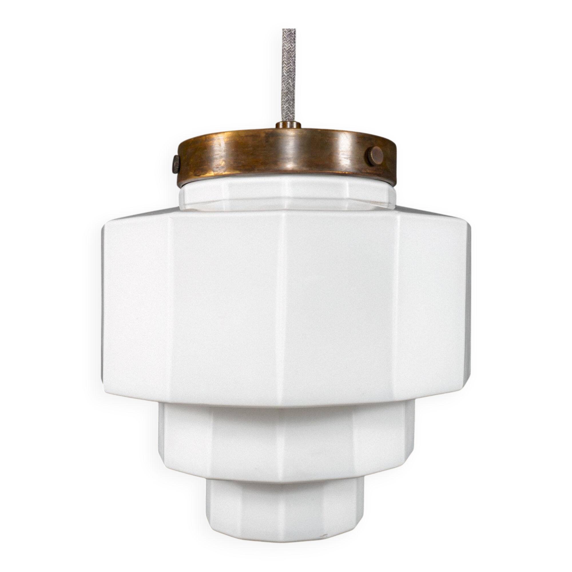 1930s English Art Deco Stepped Opaline Glass Pendant Lamp